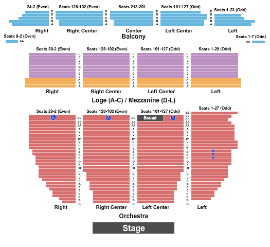 Reserved seating chart for Orpheum Theatre: orchestra, boxes, mezzanine, and balcony